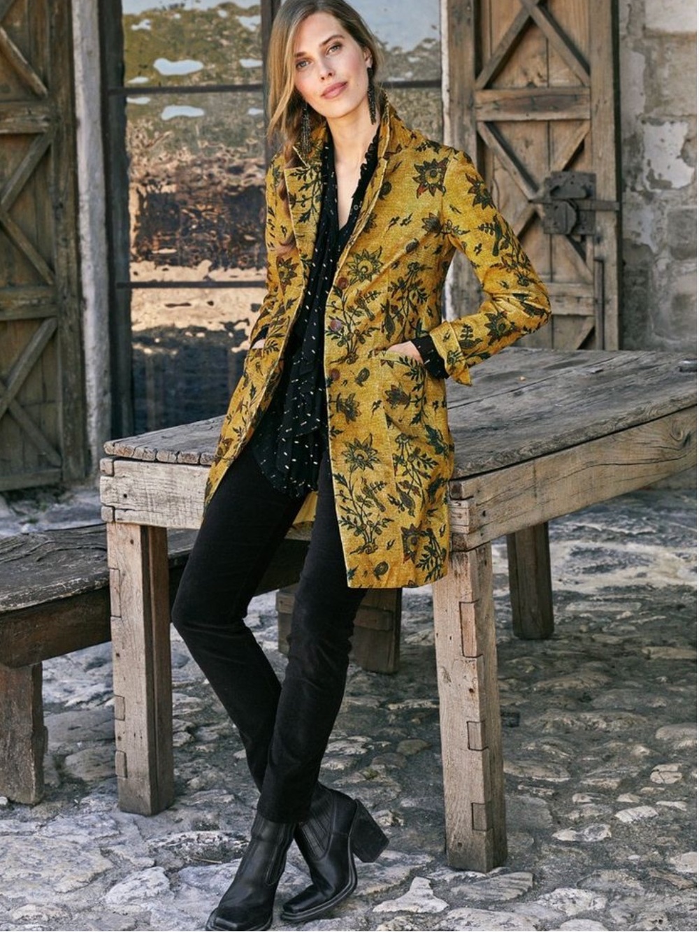 PERUVIAN CONNECTION Mustard Floral Jacquard Long Blazer Coat Size 2